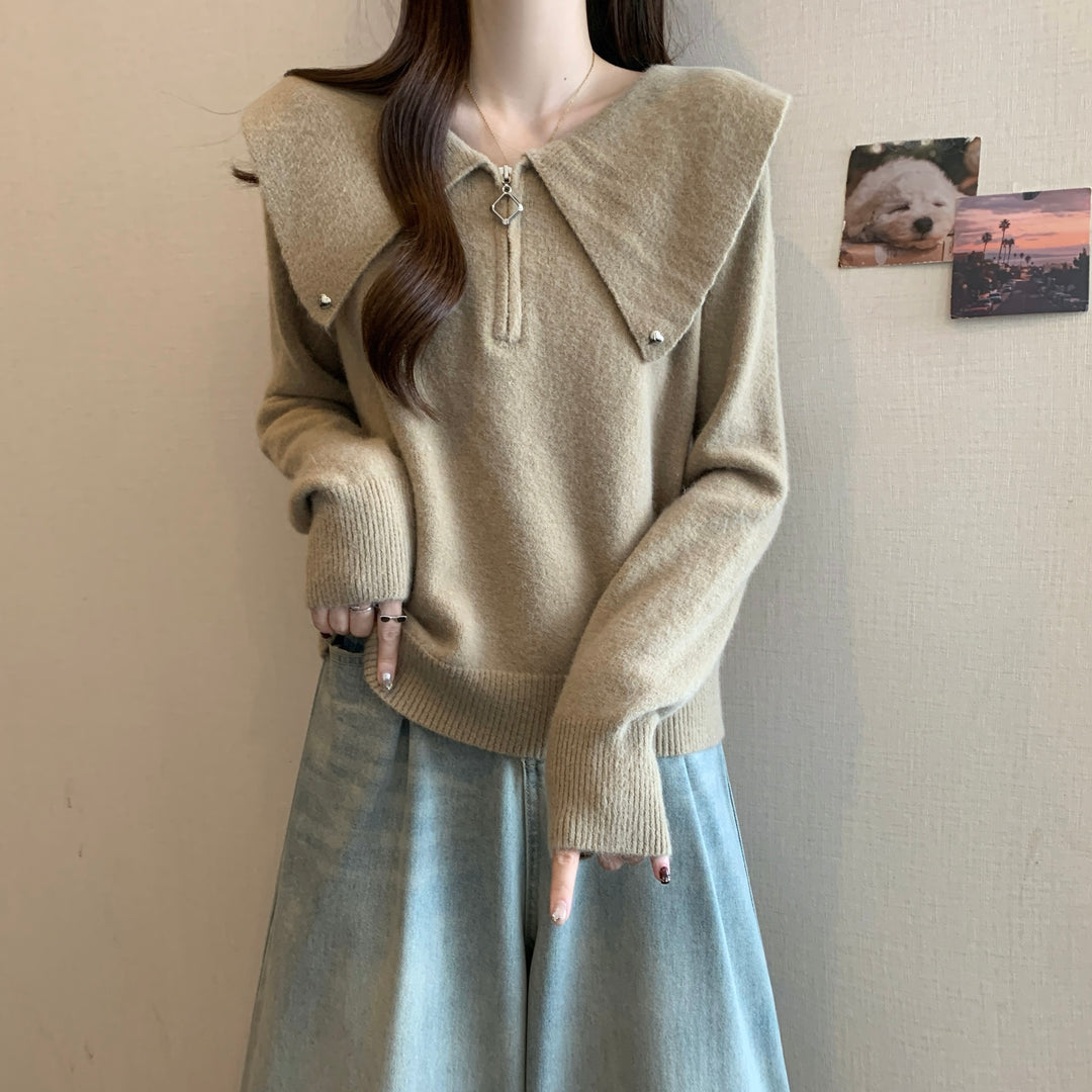 Damen Strickpullover mit dekorativem Kragen und Reißverschluss Drune
