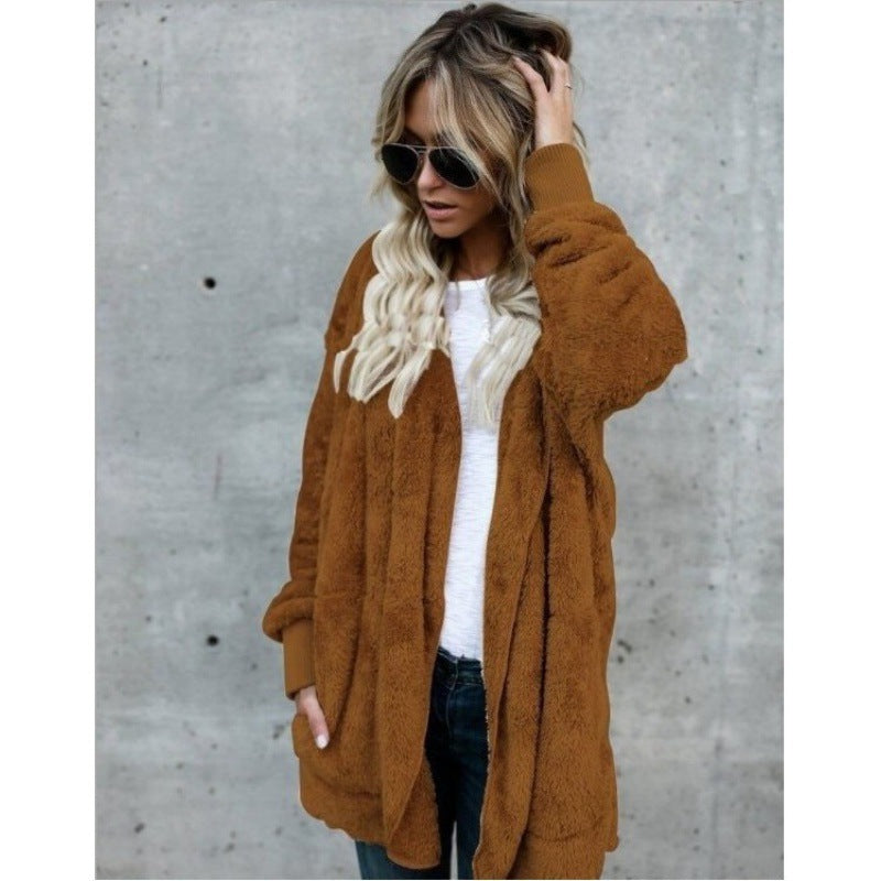 Damen Kuschelige Teddy‑Fleece‑Cardigan mit Kapuze, Oversize‑Schnitt und aufgesetzten Taschen Drune