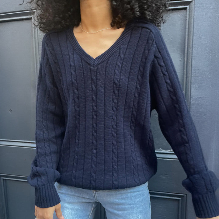 Damen nan feiner Strukturstrick-Pullover mit V‑Neck, Zopfmuster und geripptem Saum Drune
