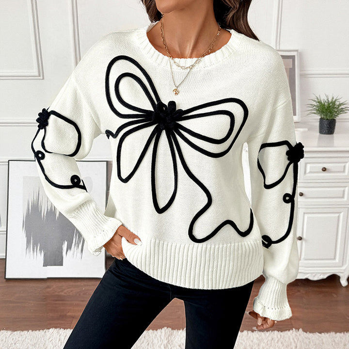 Damen Strickpullover mit kontrastierter Kordelblumenapplikation und Rippbündchen Drune