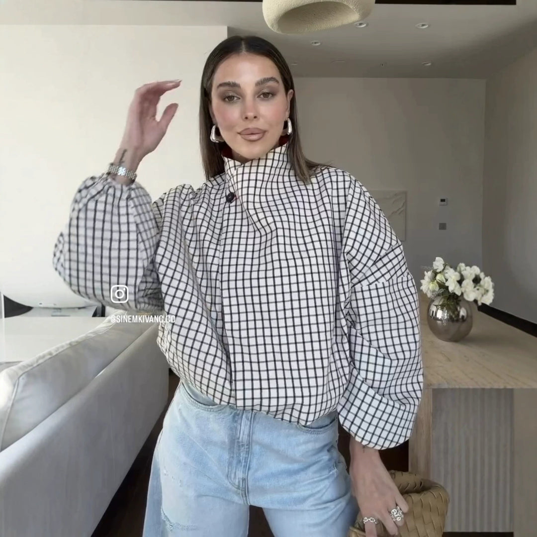 Damen Oversize-Bluse mit Stehkragen, karierter Optik und Ballonärmeln Drune