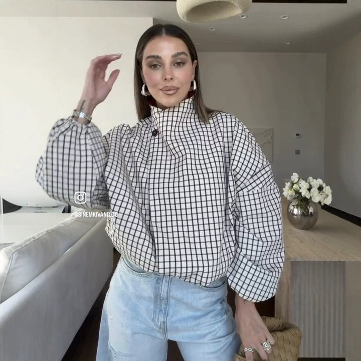 Damen Oversize-Bluse mit Stehkragen, karierter Optik und Ballonärmeln Drune