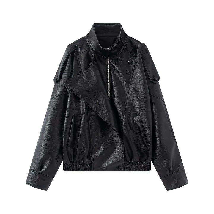 Damen Oversized Kunstleder-Bikerjacke mit asymmetrischem Revers, Stehkragen und Taillenzug Drune