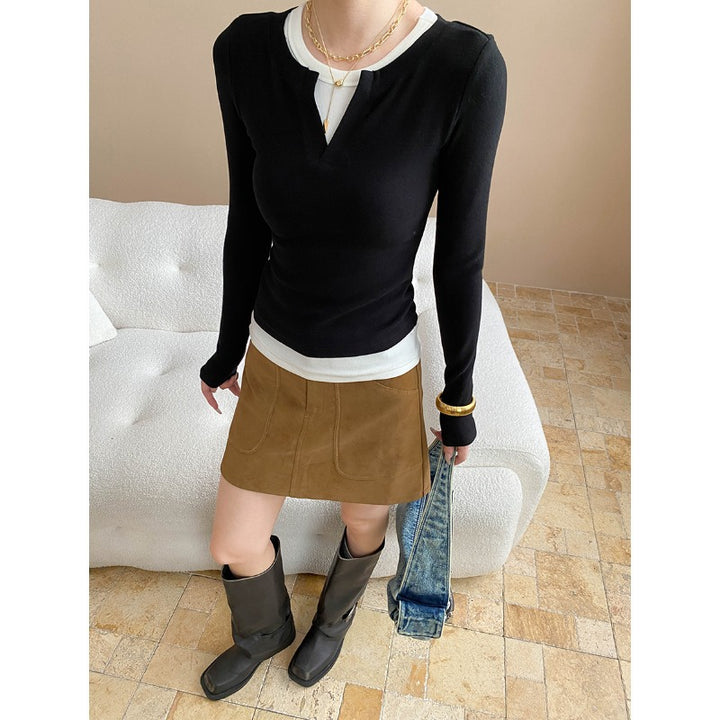 Damen figurbetontes Langarmshirt mit hohem Ausschnitt im Layered Look Drune