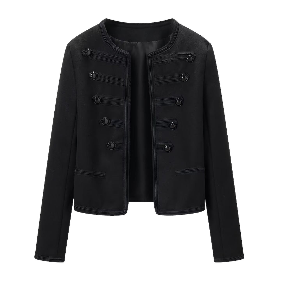 Damen Kastenjacke im Marschall-Stil ohne Kragen mit Zierkordeln und Schmuckknöpfen Drune