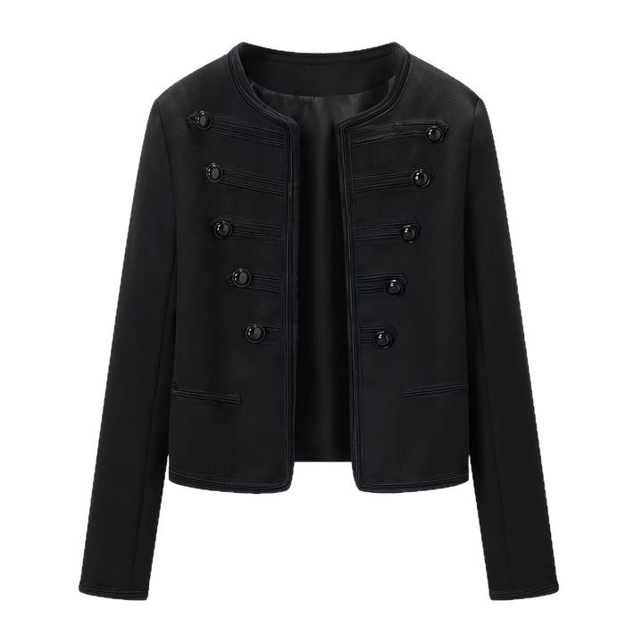 Damen Kastenjacke im Marschall-Stil ohne Kragen mit Zierkordeln und Schmuckknöpfen Drune