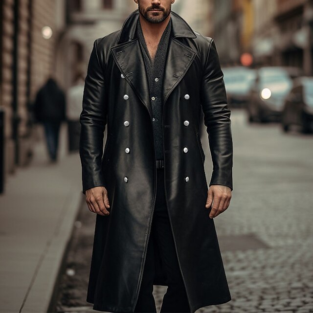 Herren Doppelreihiger Ledermantel im Trenchcoat‑Stil mit schmaler Taille Drune
