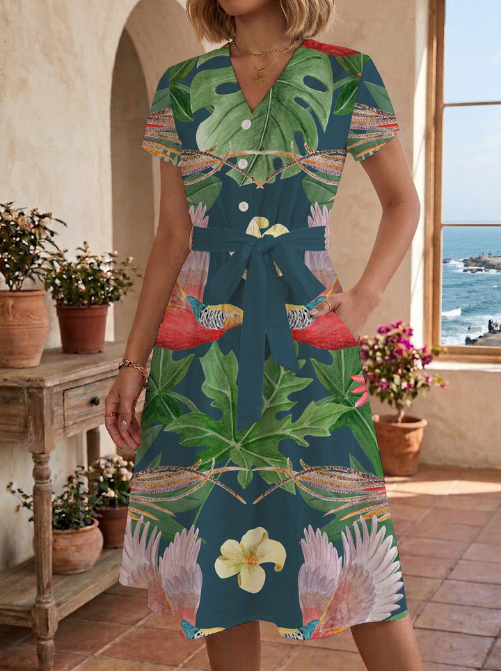 Damen Midikleid mit floralem Muster und Taillengürtel Drune