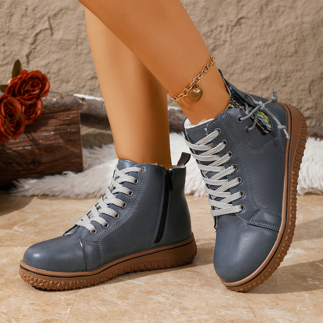 Damen gefütterte Schnürstiefelette mit Teddyfutter, seitlichem Reißverschluss und profilierter Gummisohle Drune