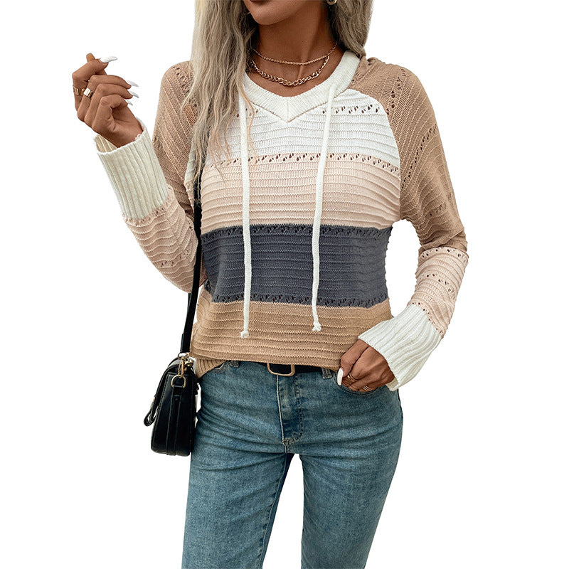 Damen Feinstrick-Kapuzenpullover mit Blockstreifen, V-Ausschnitt und Rippenbündchen Drune
