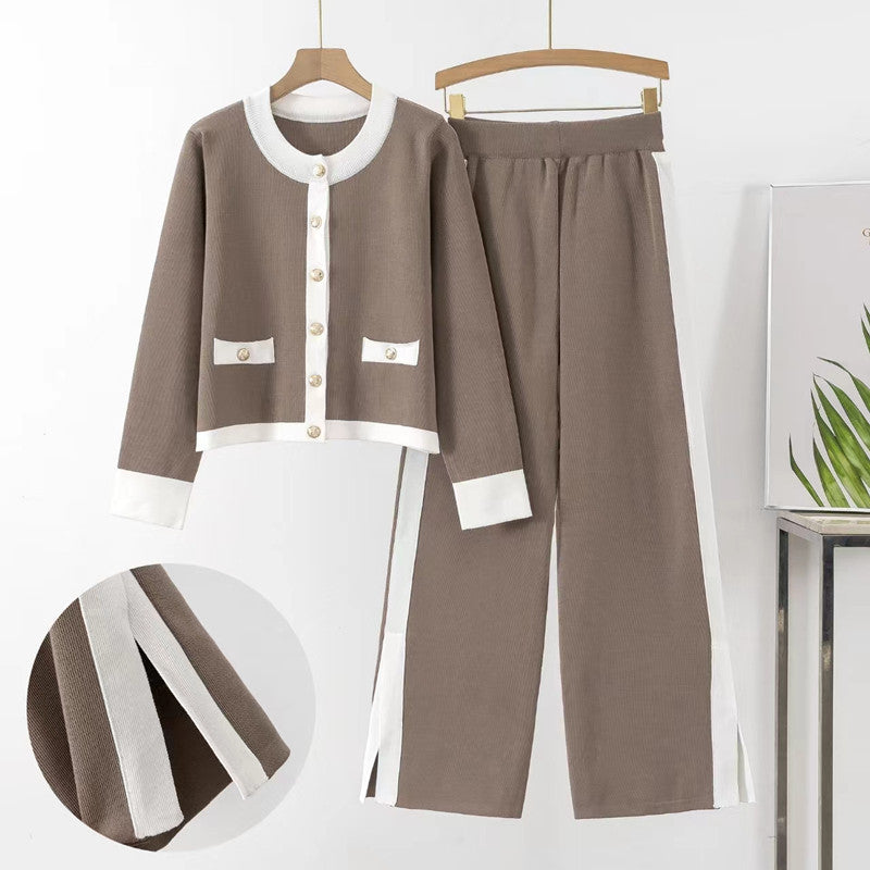 Damen Strick-Loungewear-Set mit dekorativen Knöpfen und seitlichem Schlitz Drune