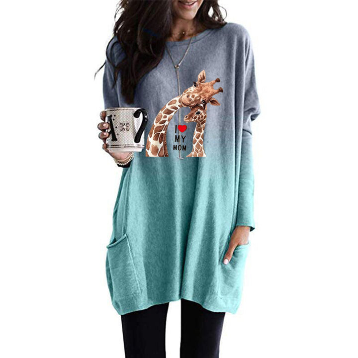 Frauen Übergroße Sweatkleid mit Giraffenmuster, Rundhalsausschnitt und Seitentaschen Drune