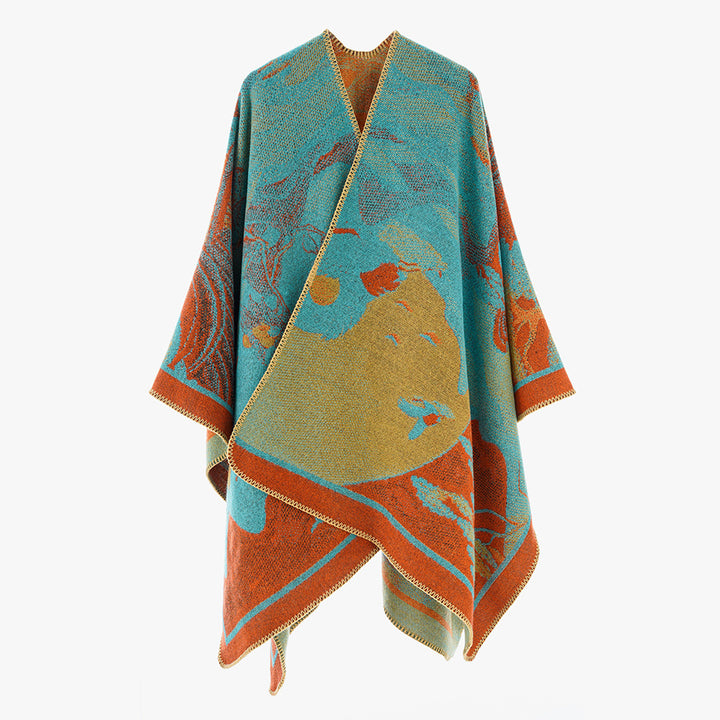 Damen Jacquard‑Strickcape mit floraler Grafik und asymmetrischem Saum Drune