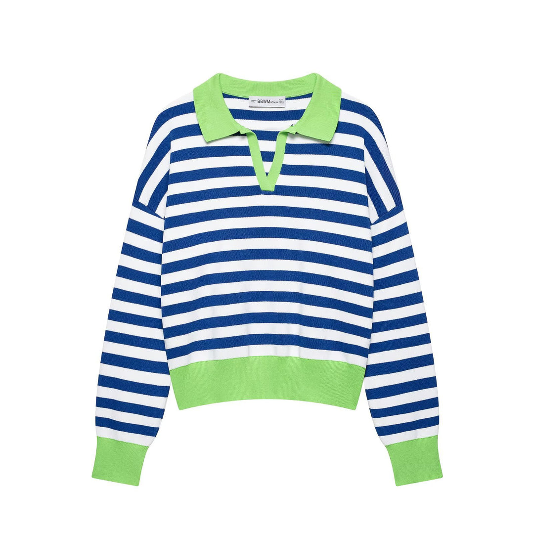 Damen Gestreifter Strickpolo-Sweater mit V-Ausschnitt und breitem Rippbund Drune