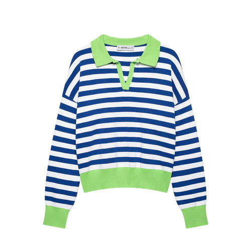 Damen Gestreifter Strickpolo-Sweater mit V-Ausschnitt und breitem Rippbund Drune