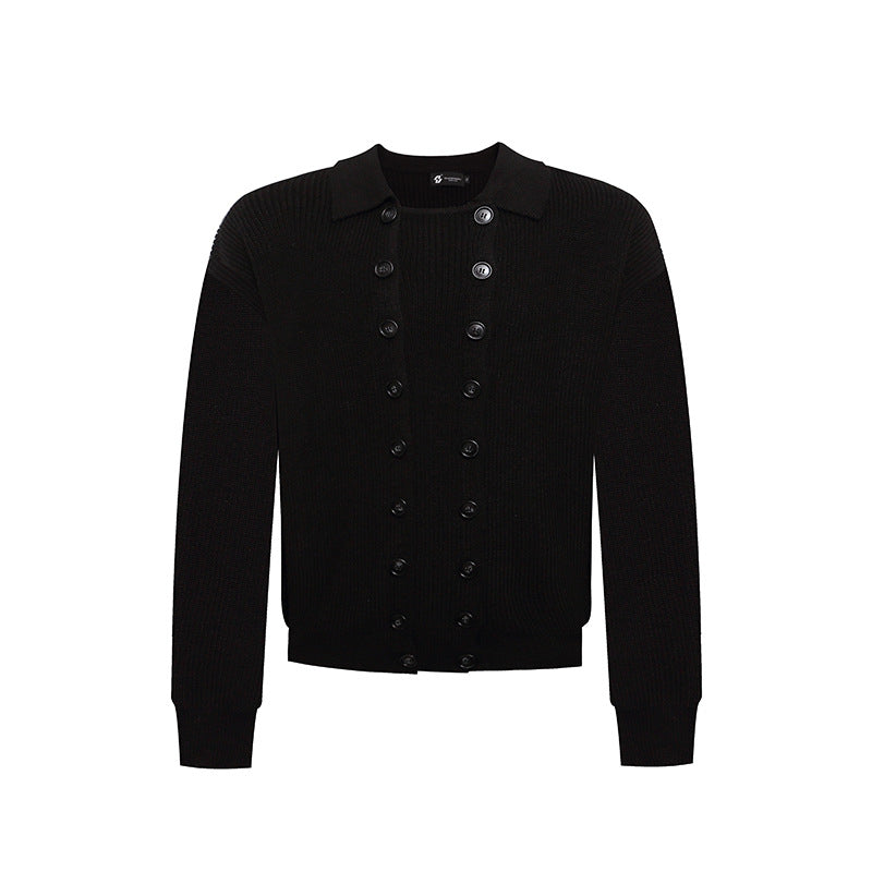 Herren Doppelreihige Strickcardigan mit Hemdkragen und Rippbündchen Drune