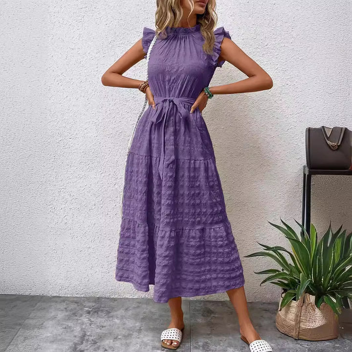 Damen Midi-Kleid mit Rüschenärmeln und Taillengürtel Drune