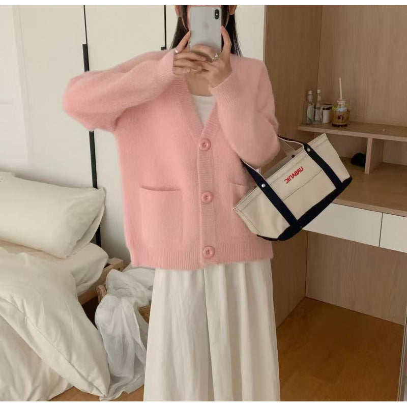 Damen Flauschiger Knopf-Cardigan mit eleganten Taschen Drune