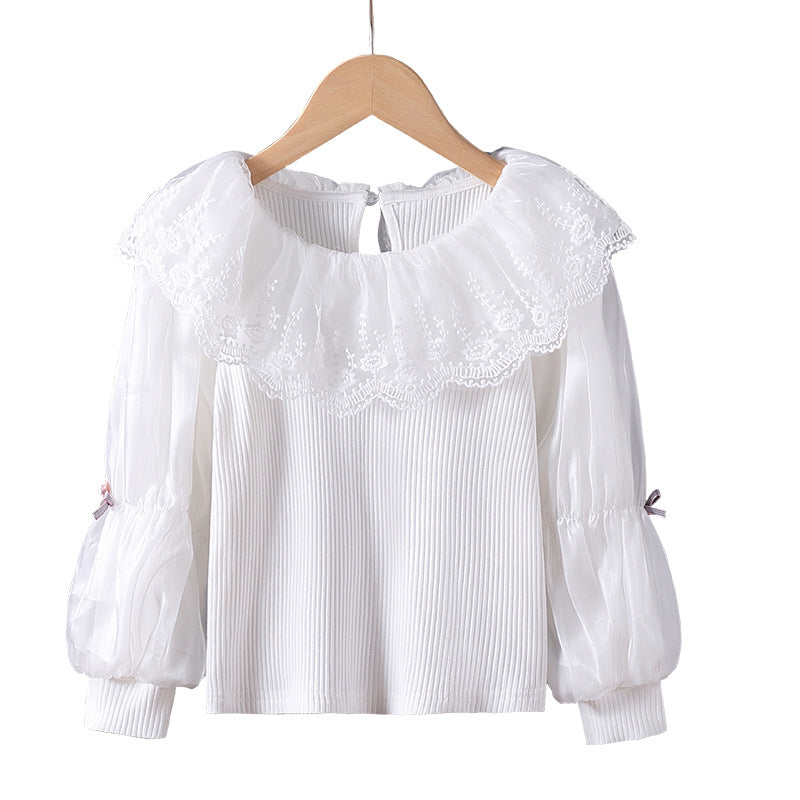 Damen elegante Bluse mit romantischem Spitzenkragen und Rüschendetails Drune