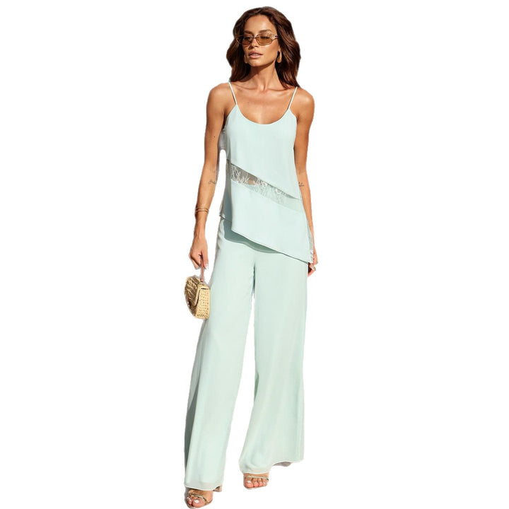Damen elegantes Zweiteiler-Oberteil mit fließendem Schnitt und weiter Hose Drune