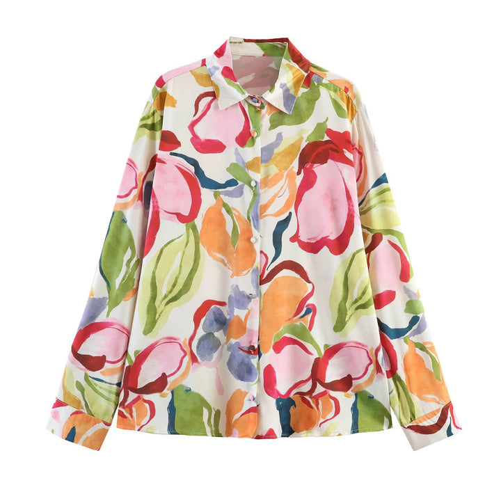 Damen Locker geschnittene Hemdbluse mit Aquarell-Print und Kentkragen Drune