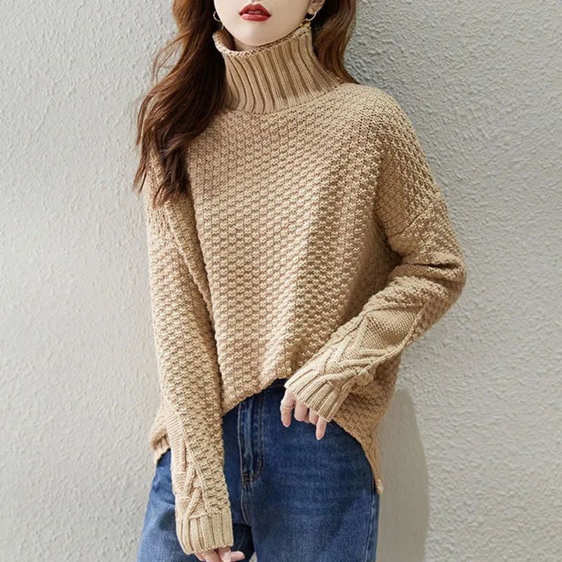 Damen Grobstrickpullover mit hohem Kragen und strukturiertem Design Drune