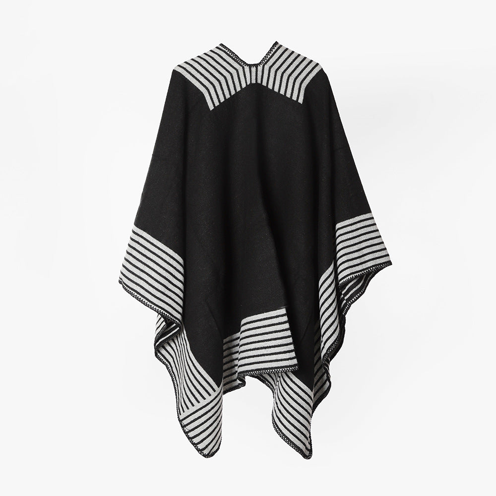 Damen Oversize‑Poncho im Cape‑Stil aus Wollmix mit diagonalen Streifen und Ziernaht Drune