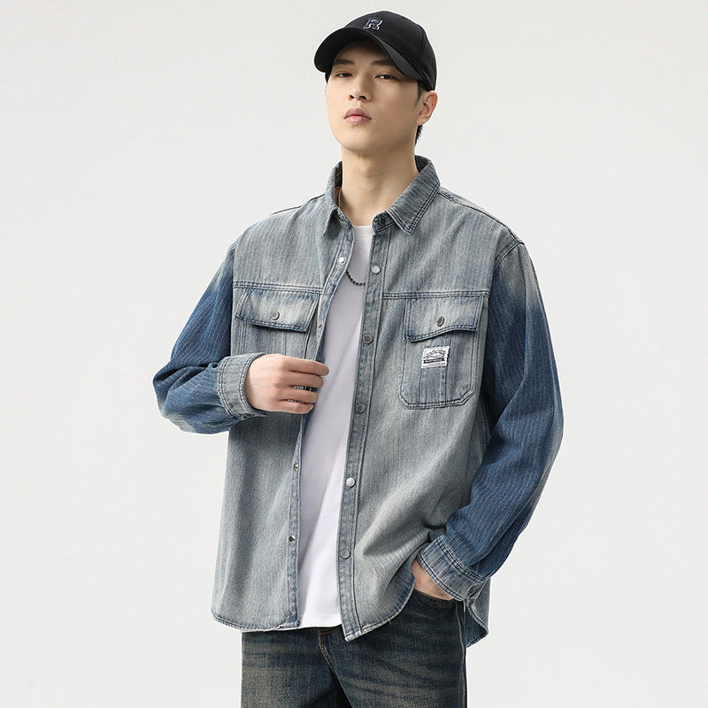 Herren Overshirt aus Denim mit Kontrastärmeln und leichter Used-Waschung Drune