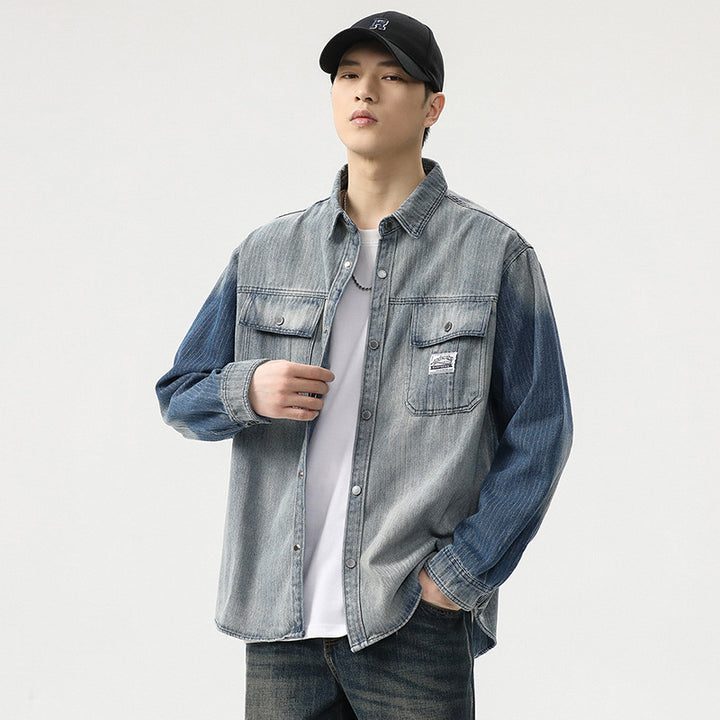 Herren Overshirt aus Denim mit Kontrastärmeln und leichter Used-Waschung Drune
