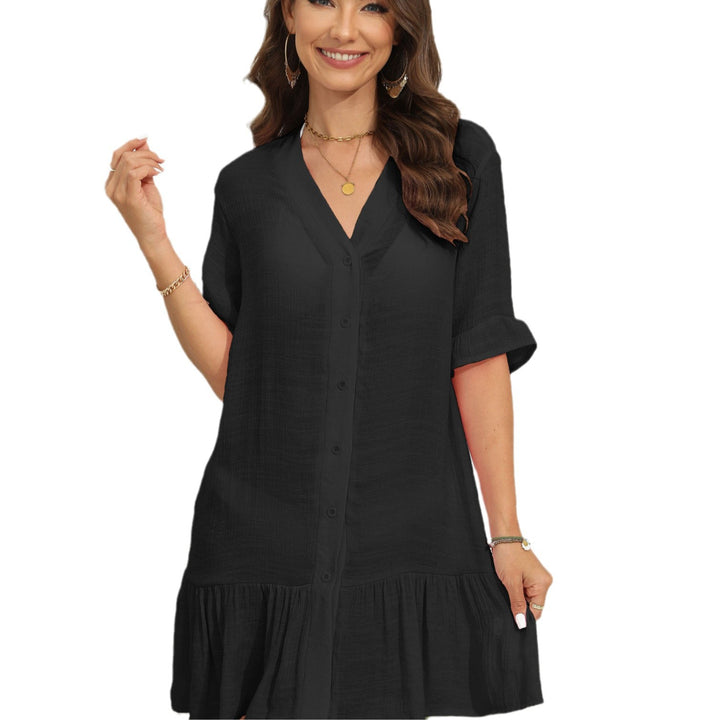 Damen sommerliches Strandkleid mit kurzen Ärmeln und Rüschensaum Drune