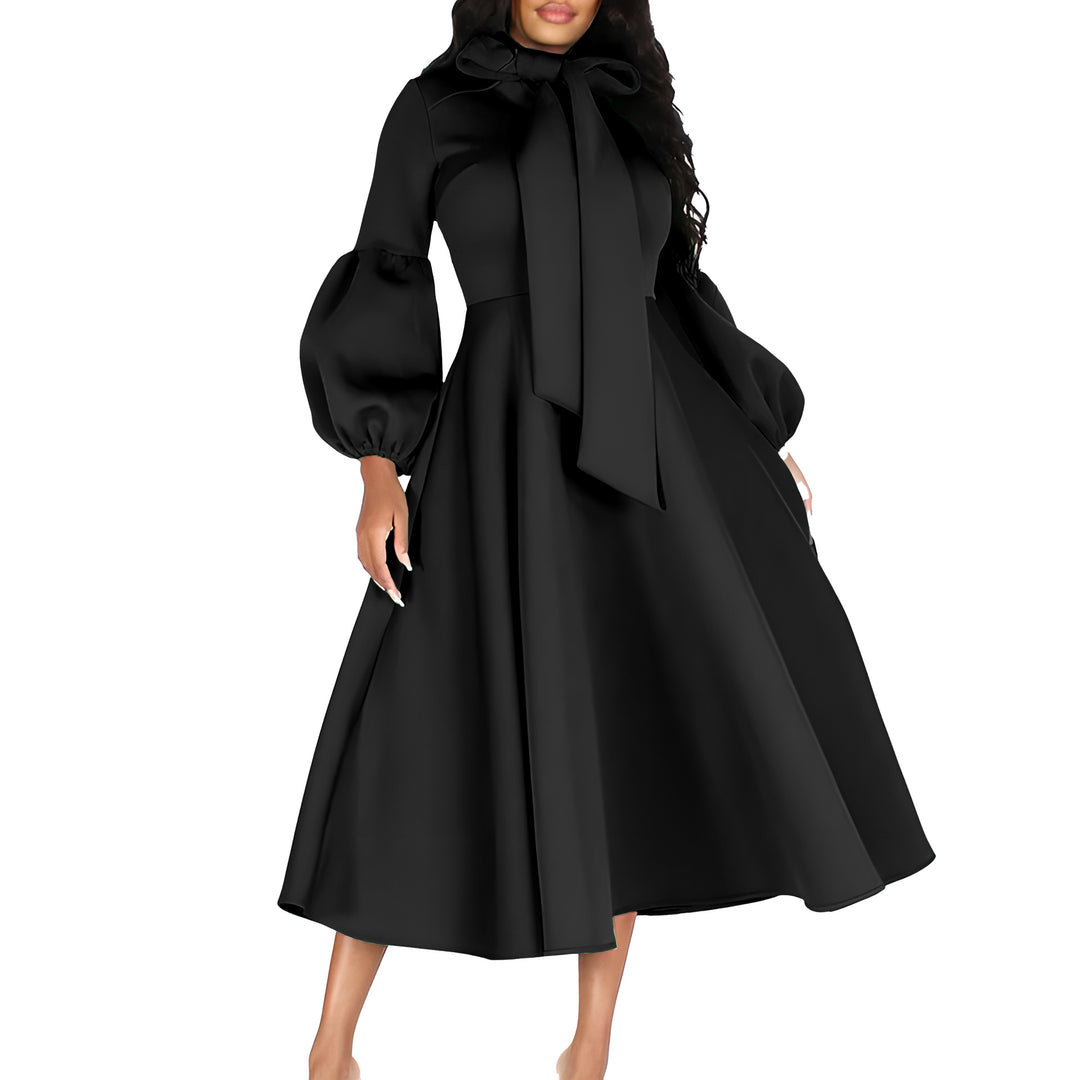 Damen Midi-Dress mit langen Puffärmeln und eleganter Schleife Drune