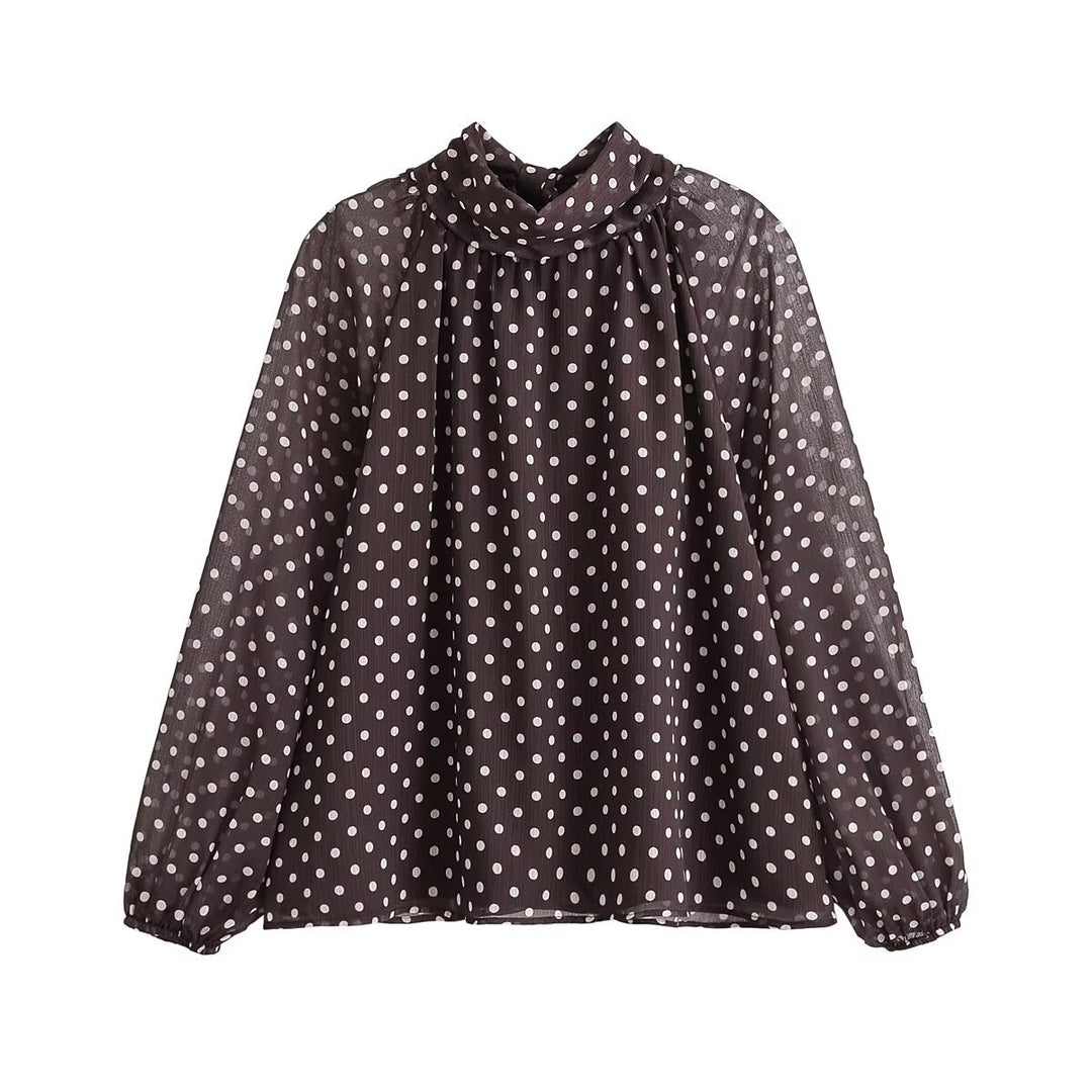 Damen Transparente gepunktete Chiffonbluse mit Schleifenkragen und Ballonärmeln Drune