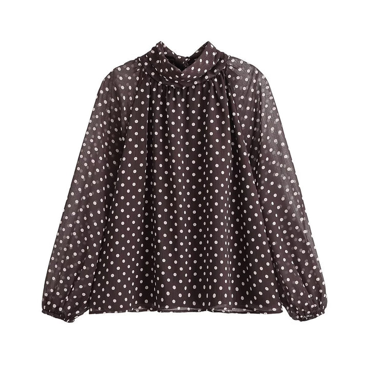 Damen Transparente gepunktete Chiffonbluse mit Schleifenkragen und Ballonärmeln Drune