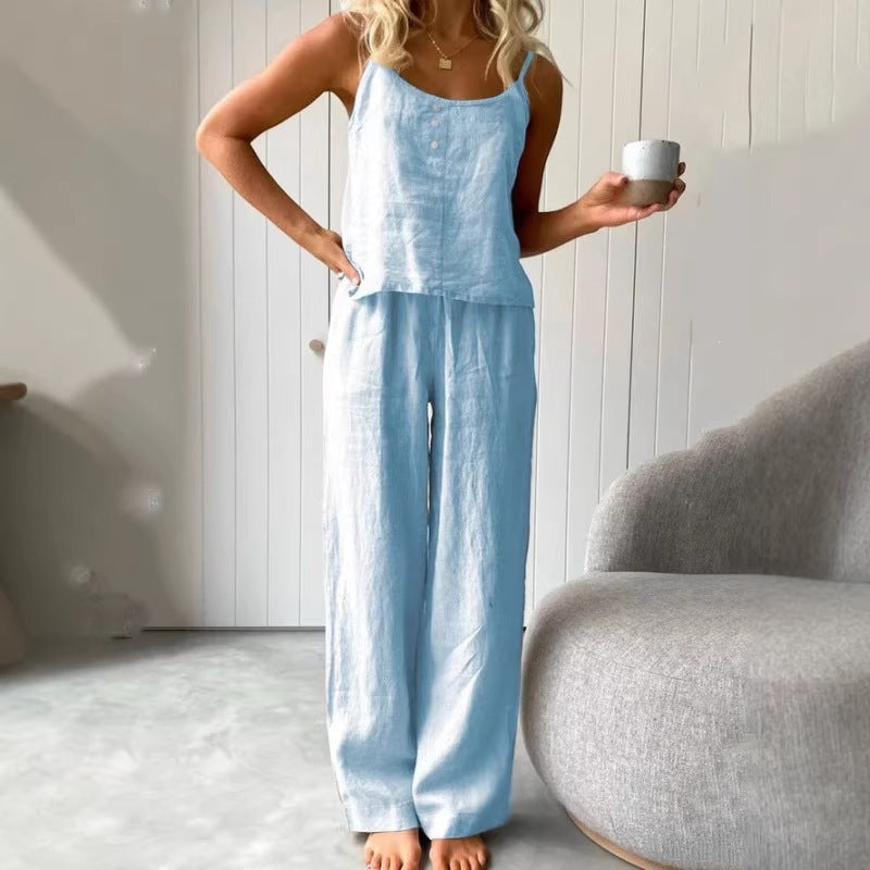 Damen lässiges Leinen-Set mit Trägershirt und weiten Hosen Drune