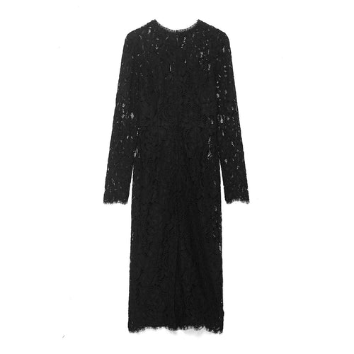 Damen Figurbetontes Midikleid aus floraler Spitze mit langen Ärmeln und Scallop-Saum Drune
