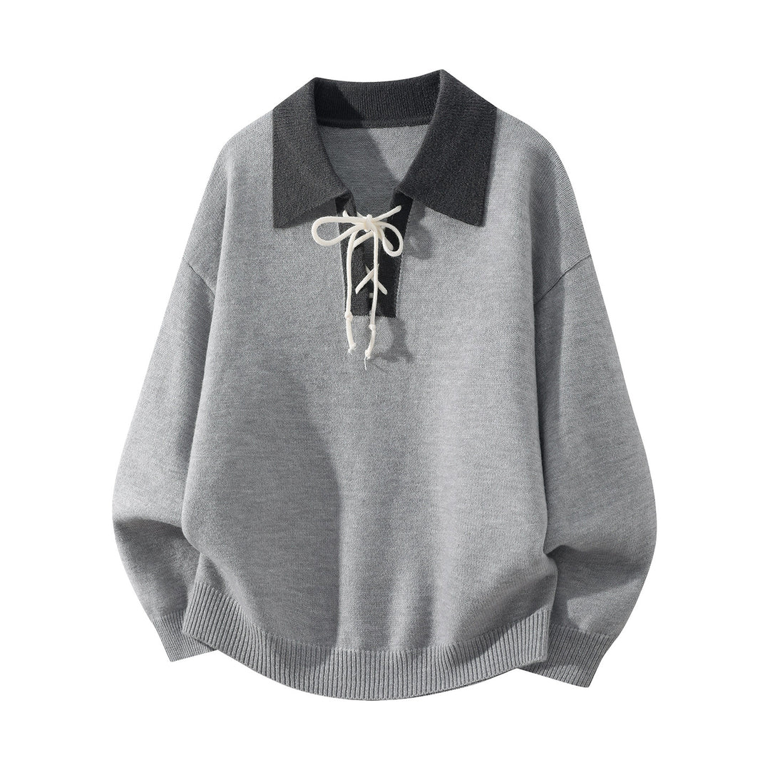 Herren Oversize Strickpullover mit Hemdkragen, Kordelhalsschließe & gerippten Abschlüssen Drune