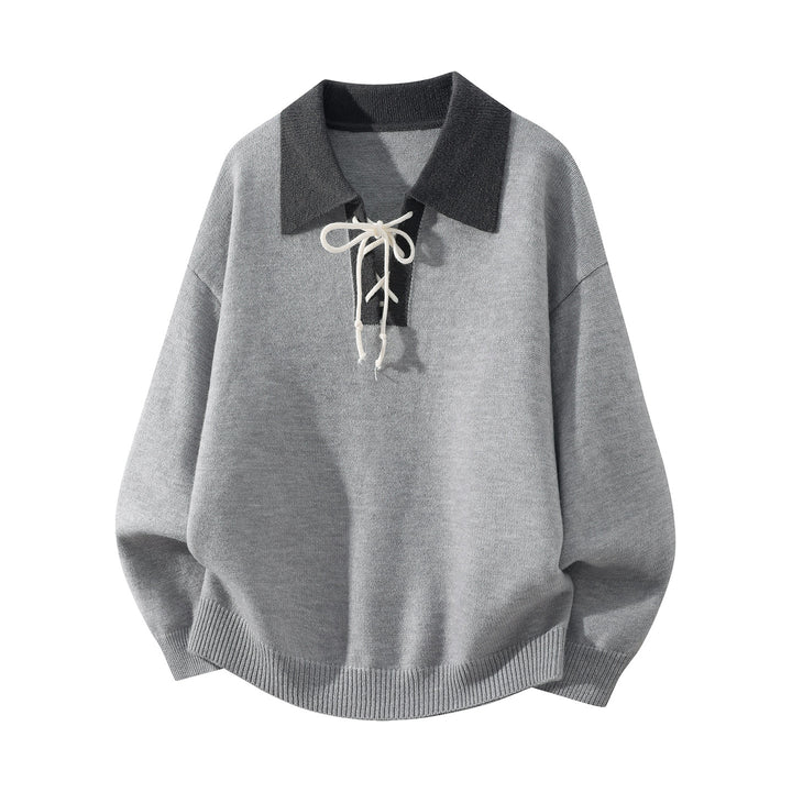 Herren Oversize Strickpullover mit Hemdkragen, Kordelhalsschließe & gerippten Abschlüssen Drune