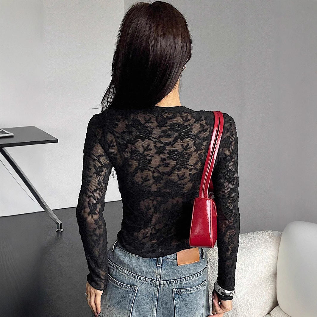 Damen nan eng anliegendes Spitzen-Langarmshirt mit floraler Ajour-Spitze, leicht transparent und Stehkragen Drune