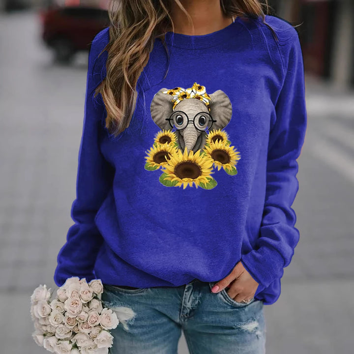 Damen-Sweatshirt mit Elefantenprint, Sonnenblumenmotiv und weichem Fleece Drune