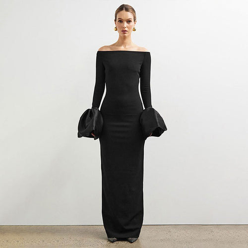 Damen Elegantes Langarm-Maxikleid mit Off-Shoulder-Ausschnitt und Rüschendetails Drune