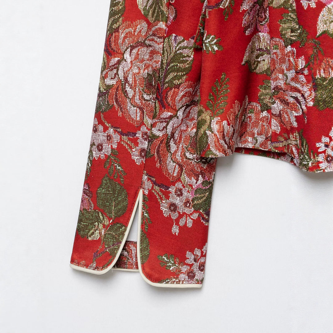 Damen Brokat-Cropped-Blazer mit floraler Jacquardstruktur und Kontrastpaspel Drune
