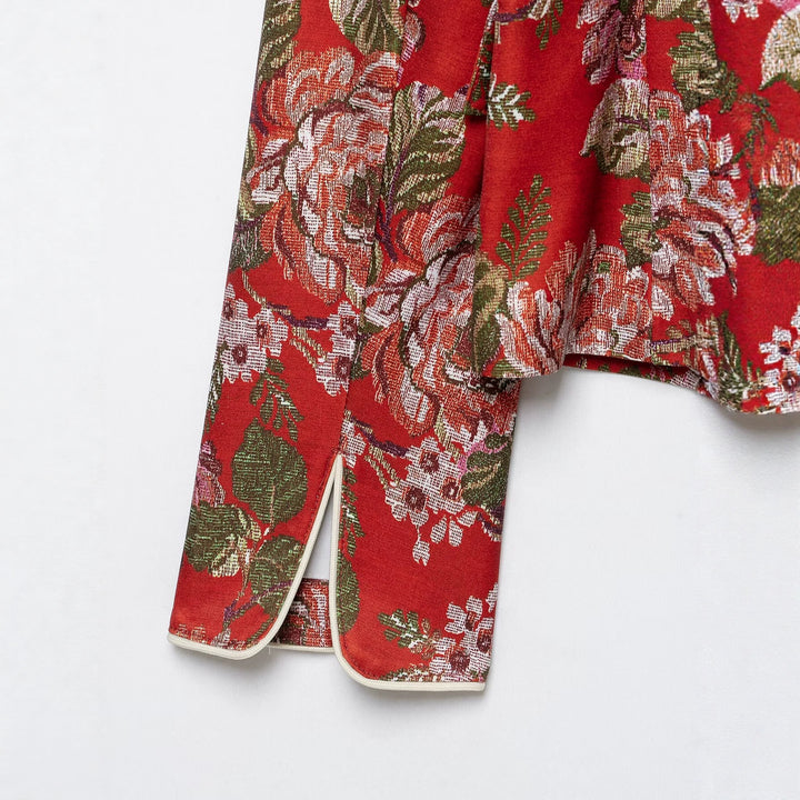 Damen Brokat-Cropped-Blazer mit floraler Jacquardstruktur und Kontrastpaspel Drune