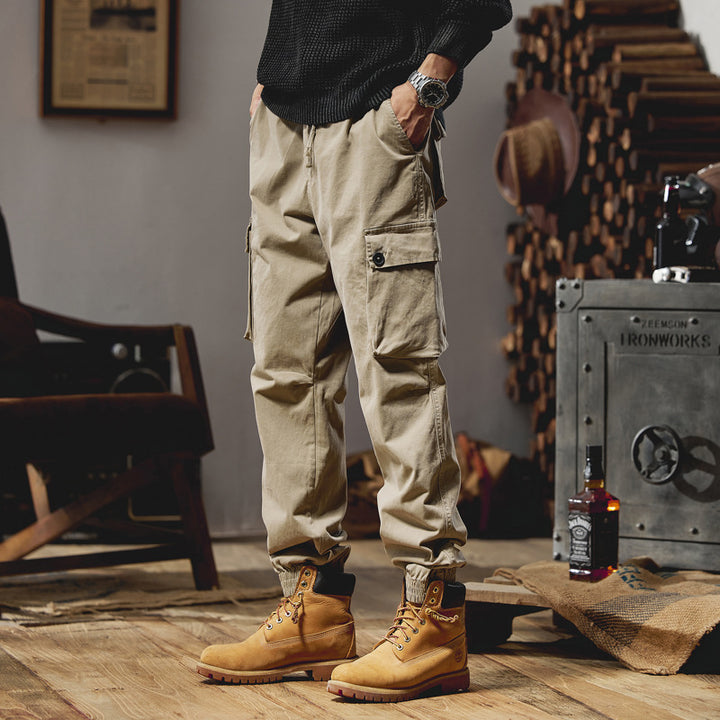 Herren Lässige Canvas-Cargojogginghose mit elastischem Saum, Klapp‑Cargo‑Taschen und verstärkten Knien Drune