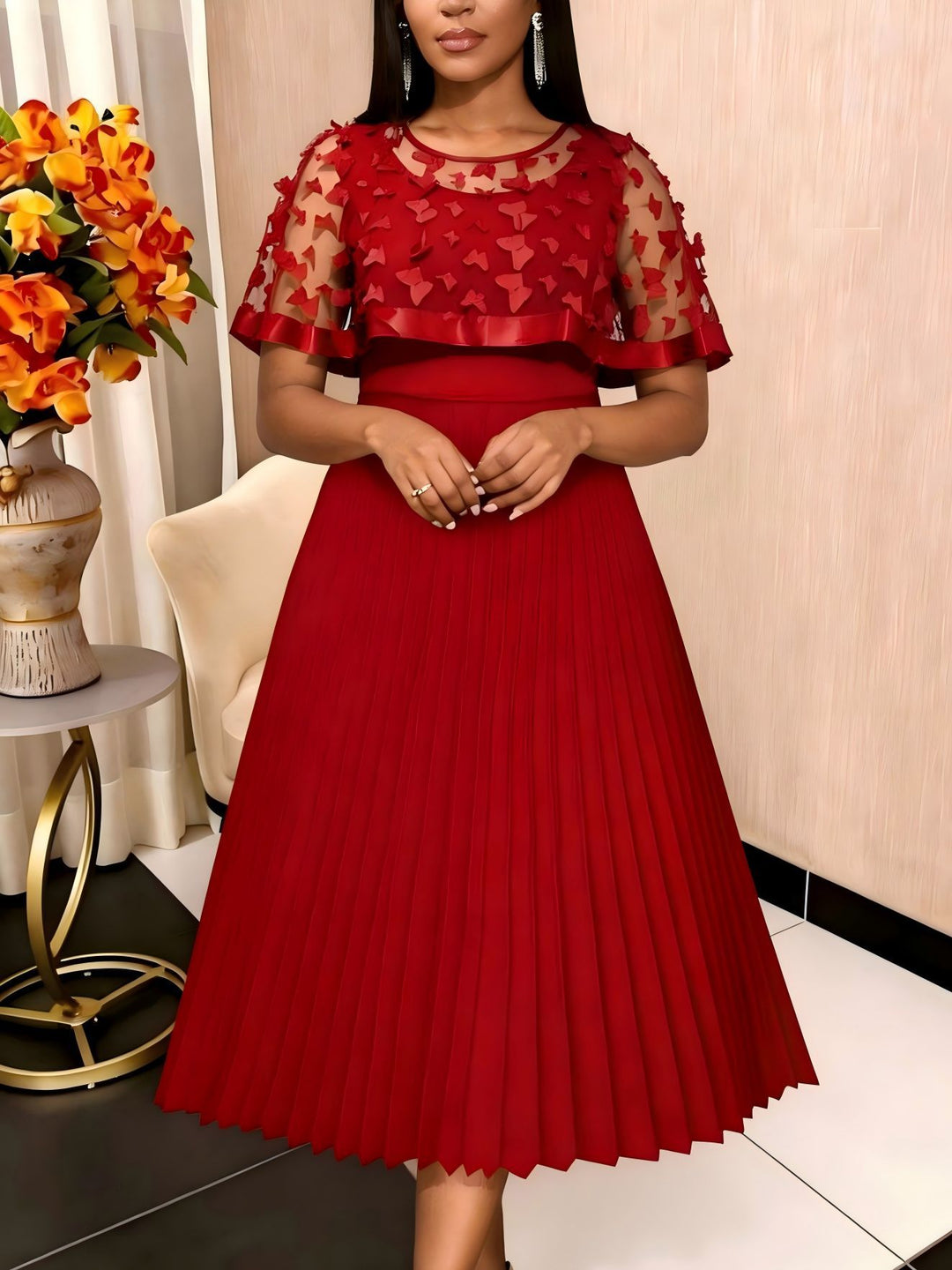Damen elegantes Abendkleid mit plissiertem Rock und transparenten Puffärmeln Drune