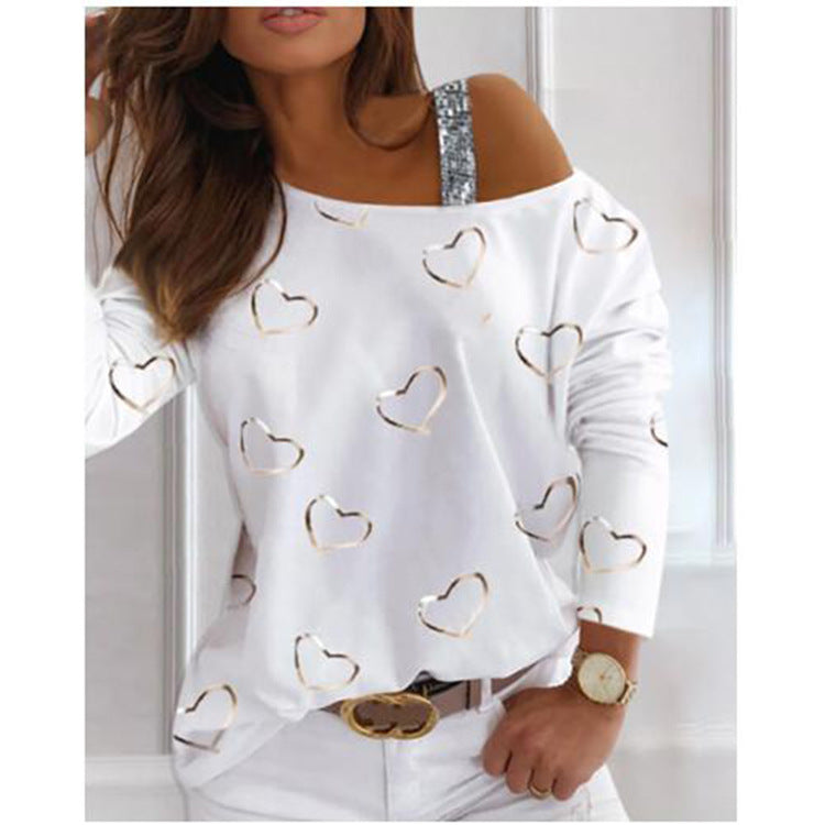 Damen Off-Shoulder Strickpullover mit Herzprint und Paillettenträger Drune