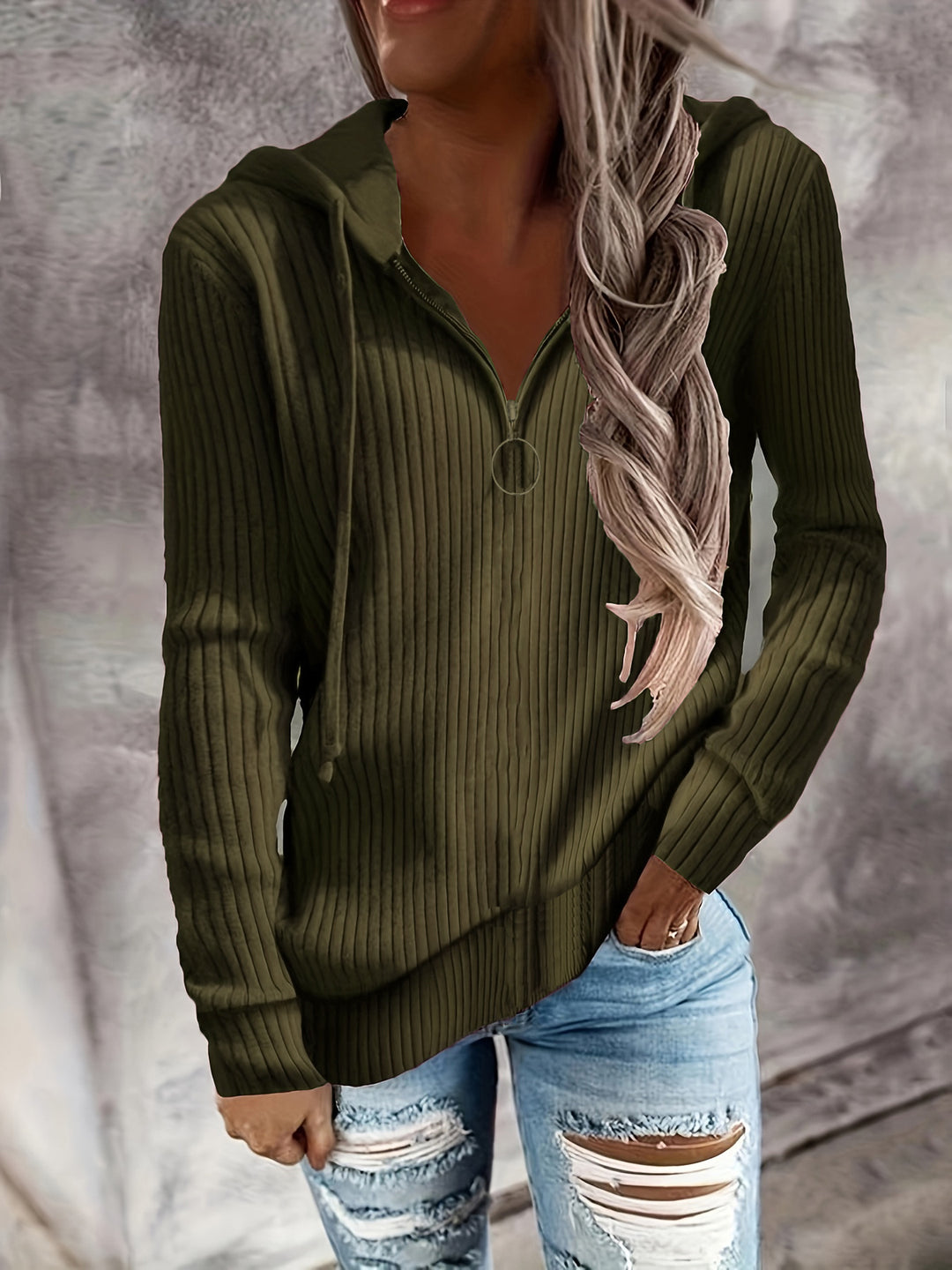 Damen Lässiger Rippstrick-Hoodie mit halbhohem Reißverschluss und Ringzipper Drune