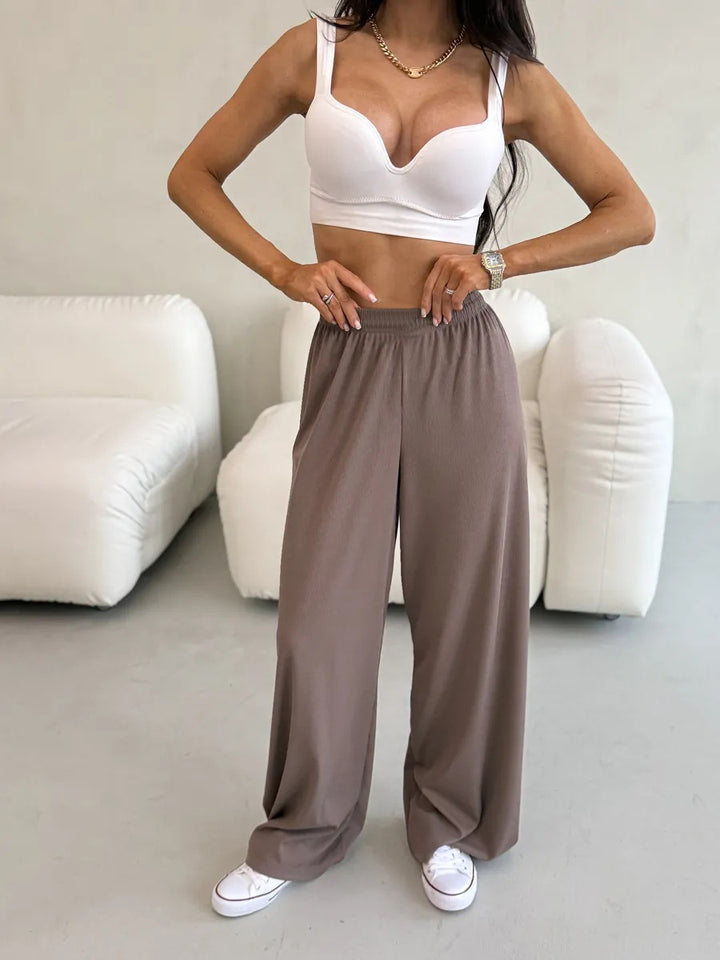 Damen weite High-Waist Palazzo-Hose aus geripptem Jersey mit elastischem Bund Drune