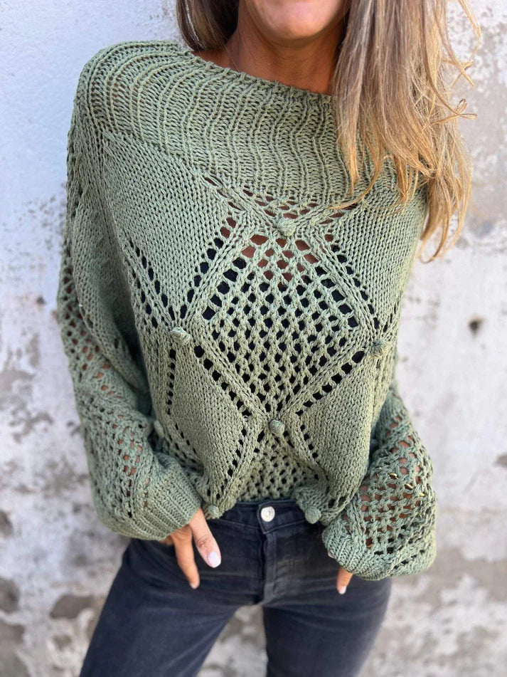 Damen luftiges Strickoberteil mit Häkelmuster Drune