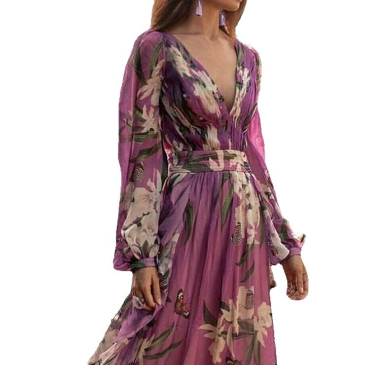 Damen Maxikleid mit tiefem V-Ausschnitt, floralem Design und schwingendem Rock Drune