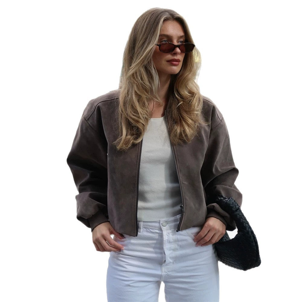 Damen Kurze Boxy-Suede-Bomberjacke mit Stehkragen und gerippten Bündchen Drune
